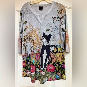 Inoah Artistic Cat Print Sweatshirt Sweater Top Whimsical Unique Gray Size Small